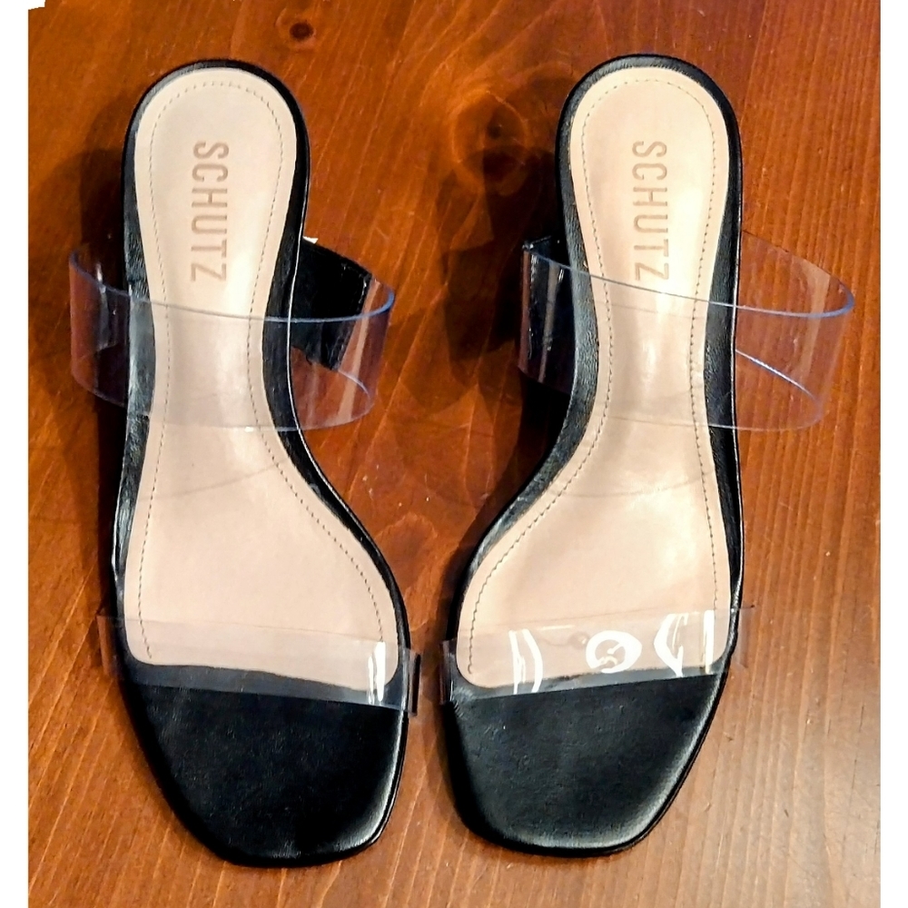 SCHUTZ "ARIELLEN" LOW, Block Heel Sandal, Size 6B, Black/Tan/Clear
